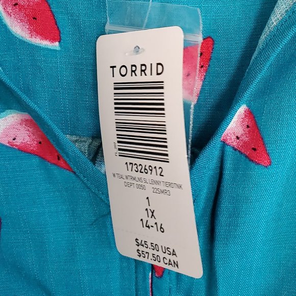 TEAL WATERMELON RAYON SLUB BUTTON-FRONT TIERED TANK - TORRID - Picture 2 of 4